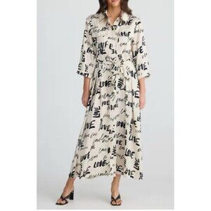 Brave+True Women's Rossellini Love Print Shirt Maxi Dress M White Black Novelty